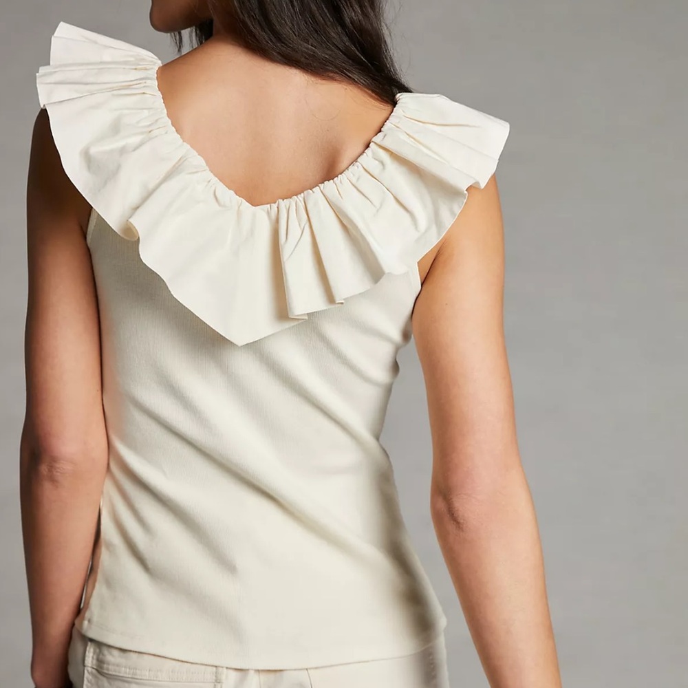 ANTHROPOLOGIE MAEVE TINA RUFFLED TANK CREAM V NECK RUFFLED TRIM BLOUSE MEDIUM - Picture 8 of 11